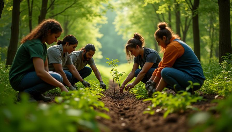 Young trees being planted in a forest initiative