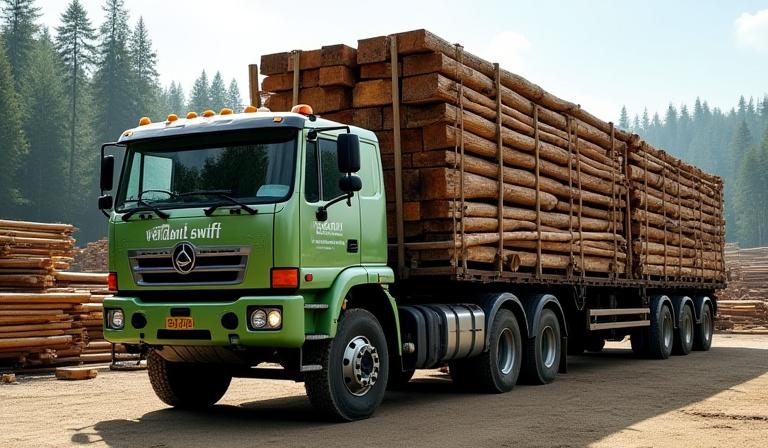 Heavy duty truck loaded with timber products