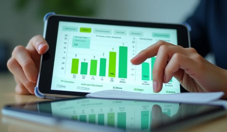 Close up of a tablet displaying environmental impact metrics